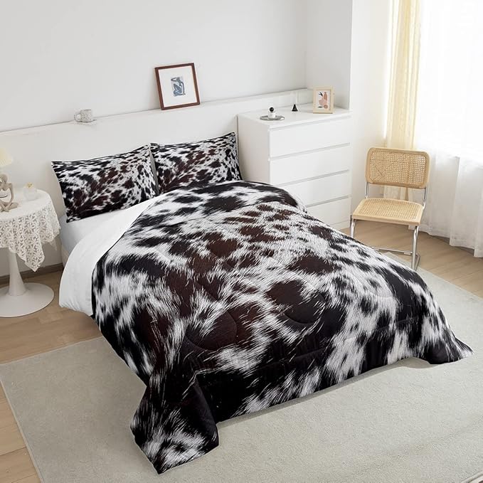 Western Brown Cowhide Comforter Set,Aztec Black White Cow Print Bedding Set Full Rustic Farm Animal Down Comforter for Kids Boys Girls Men Women,Cowboy Cowhide Quilt Duvet Set Bedroom Decor 3 Pcs