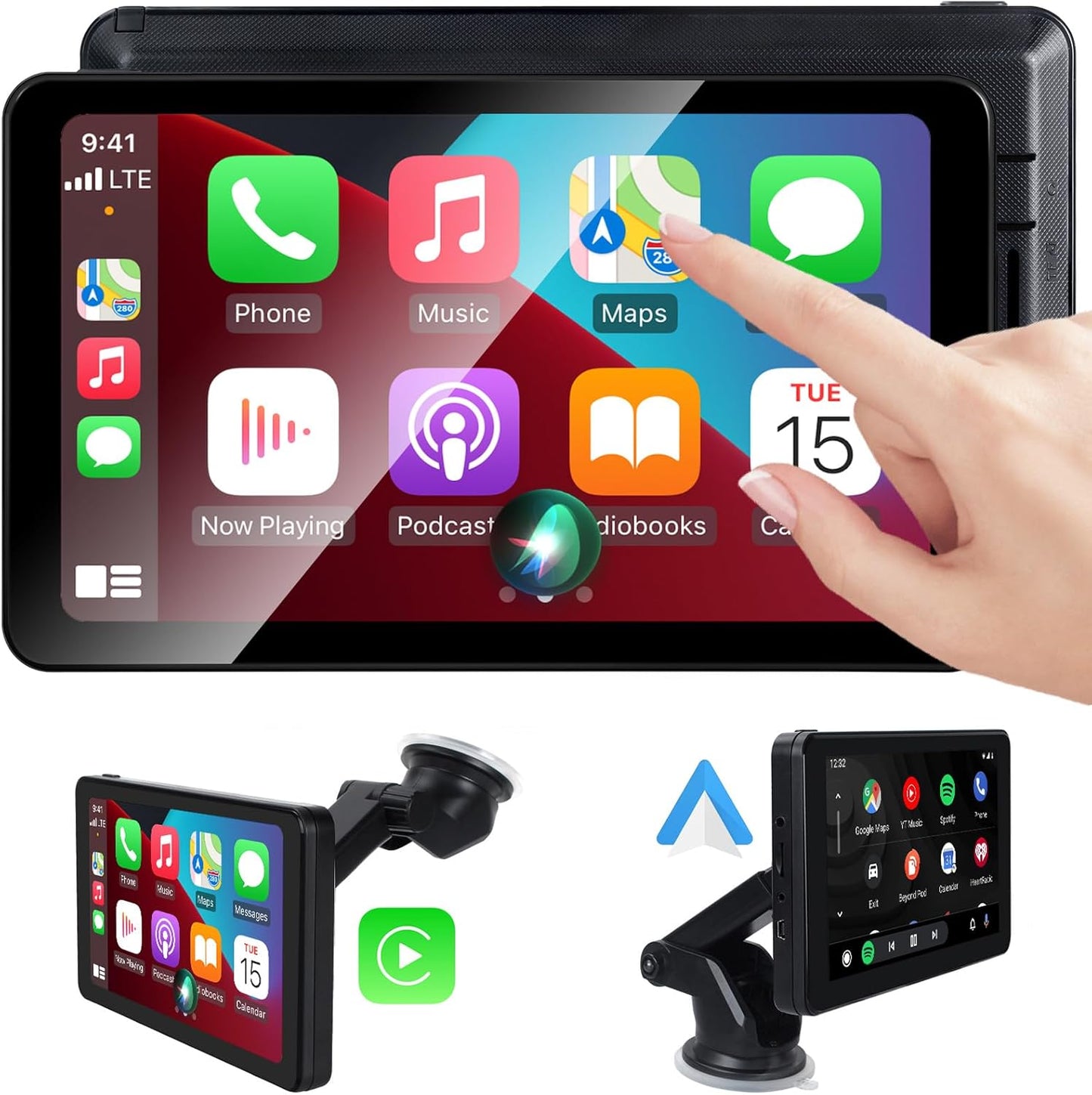 Compatible Wireless Apple CarPlay Android Auto Screen for Car, 7" Touch Screen Naivgation Car Stereo Portable CarPlay Bluetooth Mirror Link, Siri, AirPlay, AUX, Voice Assistant