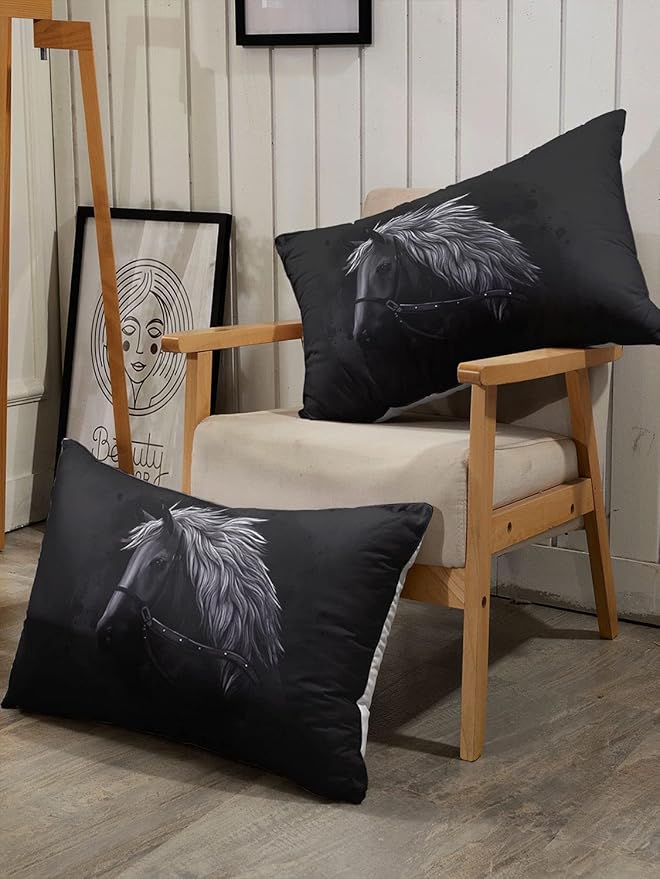 Bedding Comforter Set Black Horse Dark Horse Printed Pattern Quilt Bedding Set with 1 Comforter and 2 Pillowcases for Girls and Boys Bedroom All Season(Black Horse Queen)