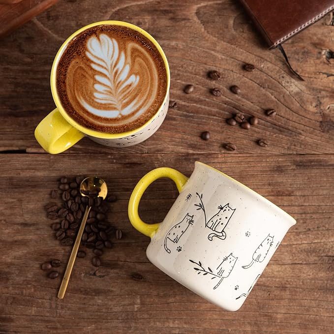 AmorArc 22 OZ Large Ceramic Coffee Mugs Set of 2, Oversized Mugs With Big Handle for Men Women Dad Mom, Big Mug With Textured Dogs Cats Patterns for Office & Home -Microwave Safe, 2 Pcs-Yellow