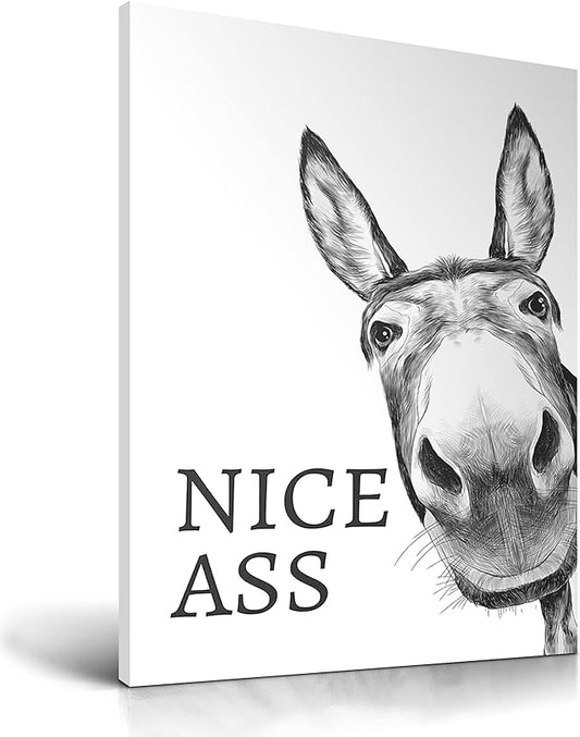 UPWOIGH Funny Bathroom Wall Art Decor, Black and White Donkey Wall Art, Waterproof Wood Framed Canvas Wall Art Animals Abstract Prints, 12x16in High-end Pictures for Dormitory Kids Room 1 Pack