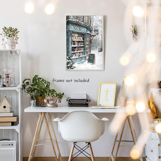 Vintage Christmas wall art Winter Book Shop Poster Print Book Lovers Gift Reading wall art Bookshop Wall Decor Winter Landscape Painting Room decor Aesthetic Unframed24x36inch
