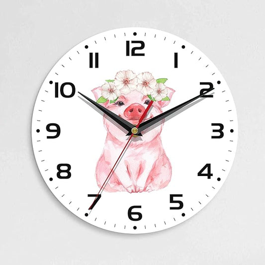 Wall Clock, 10 Inch Silent Non-Ticking Home Kitchen Decor, Battery Operated for Bathroom Bedroom Living Room Office(Cute Pig Flower)