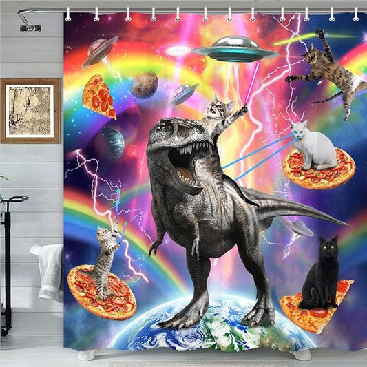 Torich Funny Cat Shower Curtain for Bathroom, Kids Cool Cat Riding Cute Dinosaur on Outer Space Universe Fantasy Galaxy Hilarious Shower Curtain Set, Anime Fabric Bathtub Decor Hooks, 47X64IN