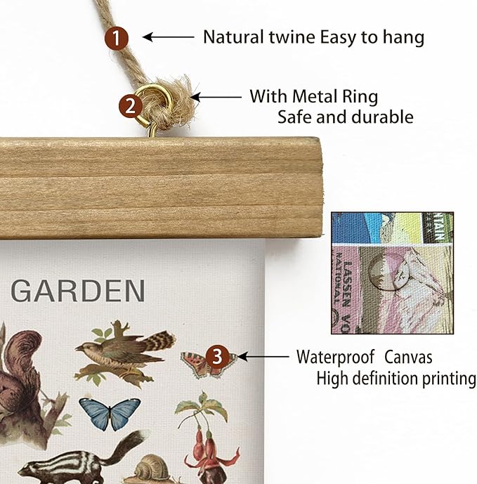XIAOAIKA Autumn Garden Wildlife Poster - Vintage Illustrated Seasonal Fauna and Flora Chart with Wooden Frame - Educational Wall Art for Home, Classroom, or Nature Enthusiast 12 x 16 Inches