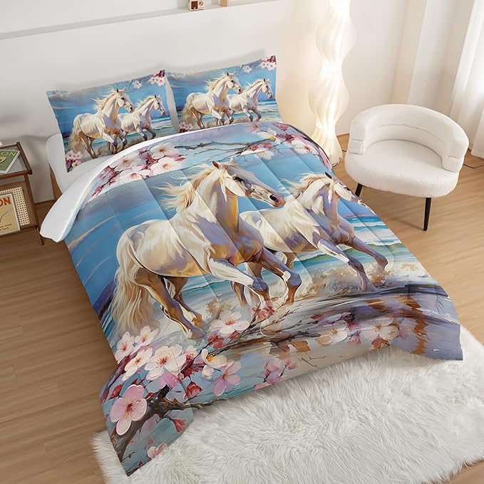 Western Farmhouse Horse Comforter Set,Pink Cherry Blossoms Bedding Sets for Kids Teens Girls Room Decoration,Coastal Beach Theme Bedding Queen Size Comforter Sets for Girls with 2 Pillowcases.