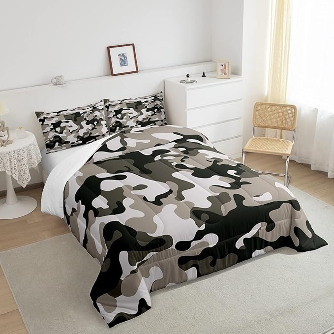Camouflage Comforter Set Grey Camo Bedding Sets King Size Militarily Army Down Comforter for Boys Teens Men Adult Tie Dye Retro Geometric Warm Soft Quilted Duvet 3Pcs Bedroom Decor, All Season