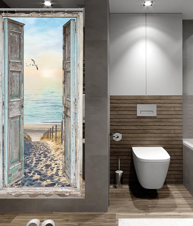 Yookeb Stall Beach Coastal Seaside Bathroom Shower Curtain 36W by 71H Inch Half Ocean Rv Hawaiian Sea Sunset Narrow Barn Door Scenery Rustic Landscape Polyester 7 Plastic Hooks Waterproof Decor