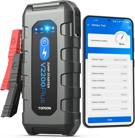 Car Battery Jump Starter and Battery Tester TOPDON 2-in-1 2200A Peak Jump Starter for Up to 8L Gas/6L Diesel Engines 12V Portable Booster and Tester