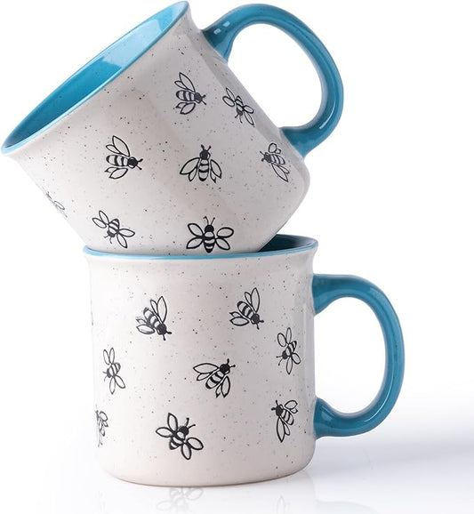 AmorArc 22 OZ Large Ceramic Coffee Mugs, Oversized Soup Cups With Big Handle for Men Women Dad Mom, Big Mug With Textured Bees Patterns for Office & Home -Microwave Safe, 2 Pcs-Blue