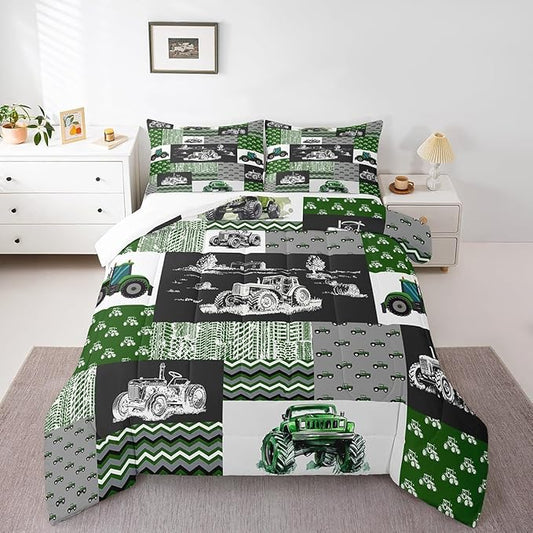 Tractor Bedding Set Twin Size Equipment Trucks Comforter Farmhouse Harvester Down Comforter for Kids Boys Car Bedroom Decor Green Vehicle Quilt Plaid with 1 Pillowcase, Grey