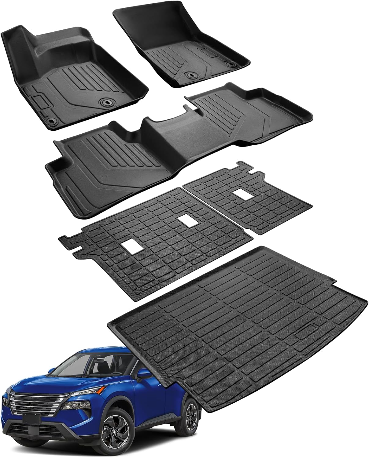Floor Mats Full Set for Nissan Rogue 2021-2025 Accessories, All Weather Floor Mats Cargo Liner for Back of SUV, Rubber Mats for Car Floor, Custom Fit laser Tech Mat Heavy Duty Trunk Liner Black