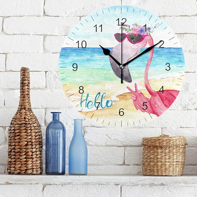 Wamika Wall Clock Pink Flamingo Beach Sea Summer Flowers Silent Non Ticking Round Clocks, Flamingos Birds Ocean Floral Clocks 10 Inch Battery Operated Quartz Quiet Desk Clock for Home Office