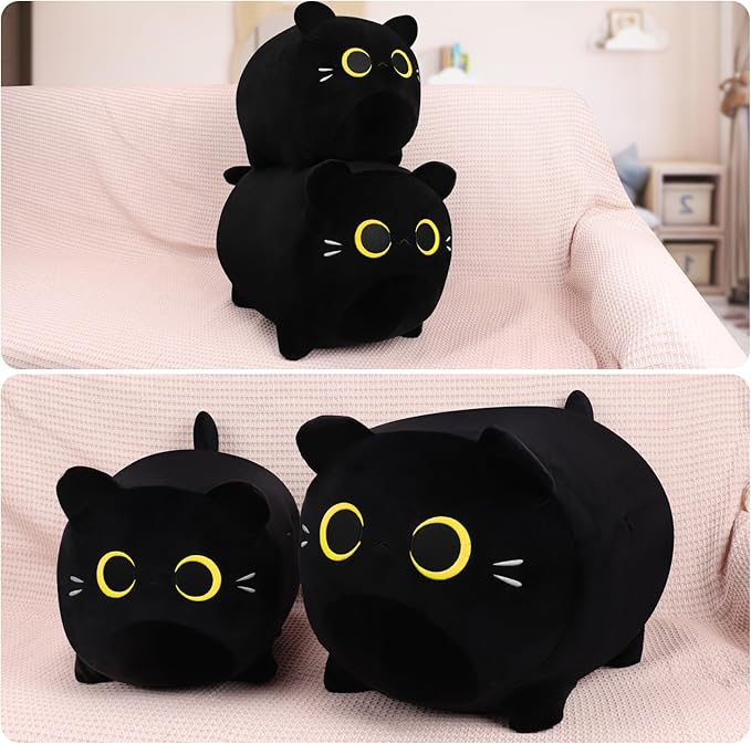 Black Cat Plush Pillow - 20'' Plushie, Gold Eyes, Anime Cat Plush, Cute Stuffed Animal, Birthday Gift for Kids