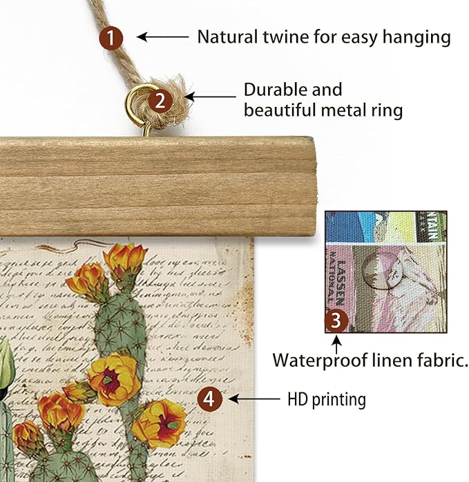 Vintage Spring Flower Poster Print, Botanical Educational Illustration, Rustic Wooden Hanger Frame, Linen Canvas Wall Art Decor, Farmhouse Cottagecore Style for Living Room Bedroom Office (16" x 23")