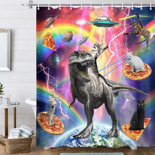 Torich Funny Cat Shower Curtain for Bathroom, Kids Cool Cat Riding Cute Dinosaur on Outer Space Universe Fantasy Galaxy Hilarious Shower Curtain Set, Anime Fabric Bathtub Decor Hooks, 36X72IN