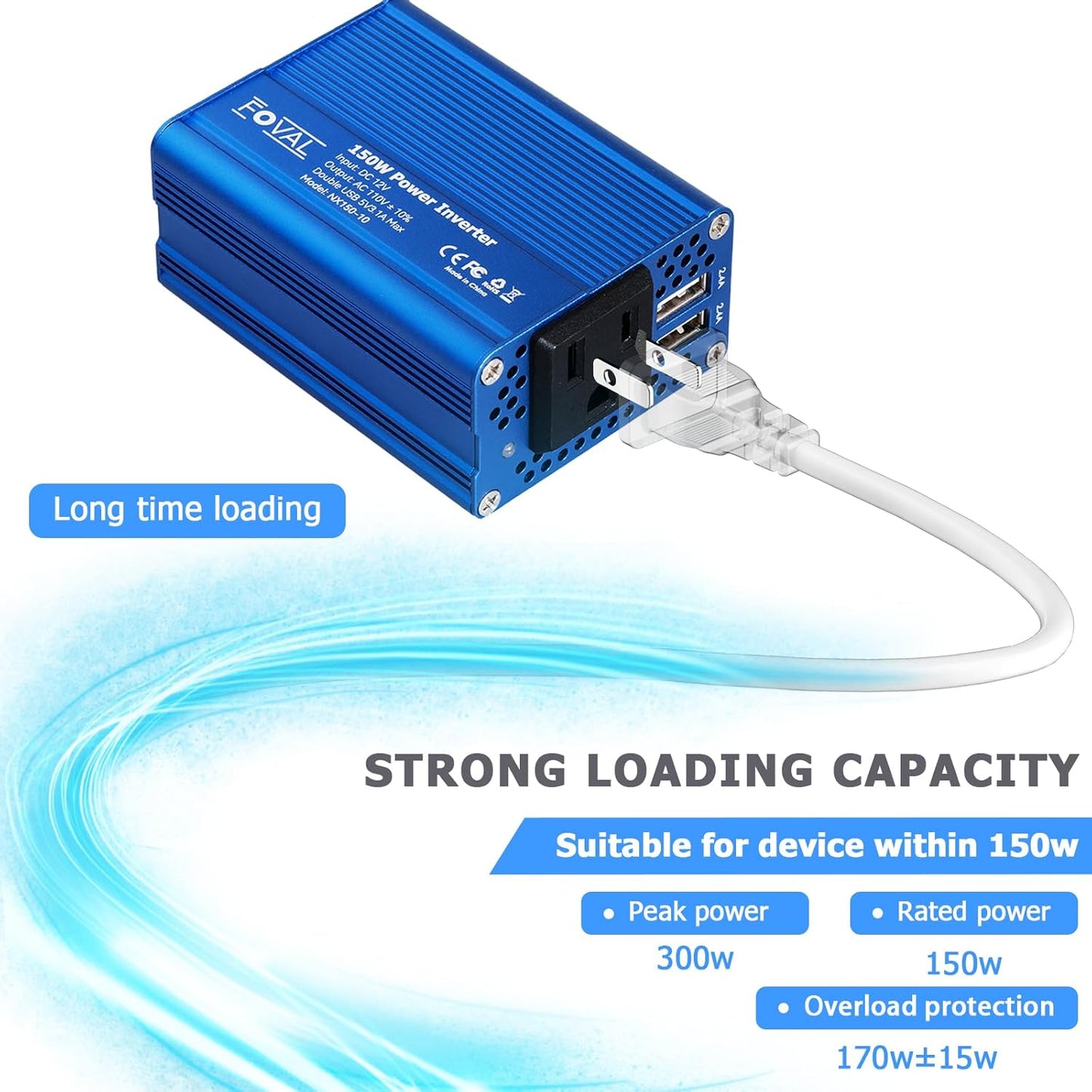 FOVAL 150W Car Power Inverter 12V DC to 110V AC Converter Vehicle Adapter Plug Outlet with 3.1A Dual USB Car Charger for Laptop Computer (Classic Blue)