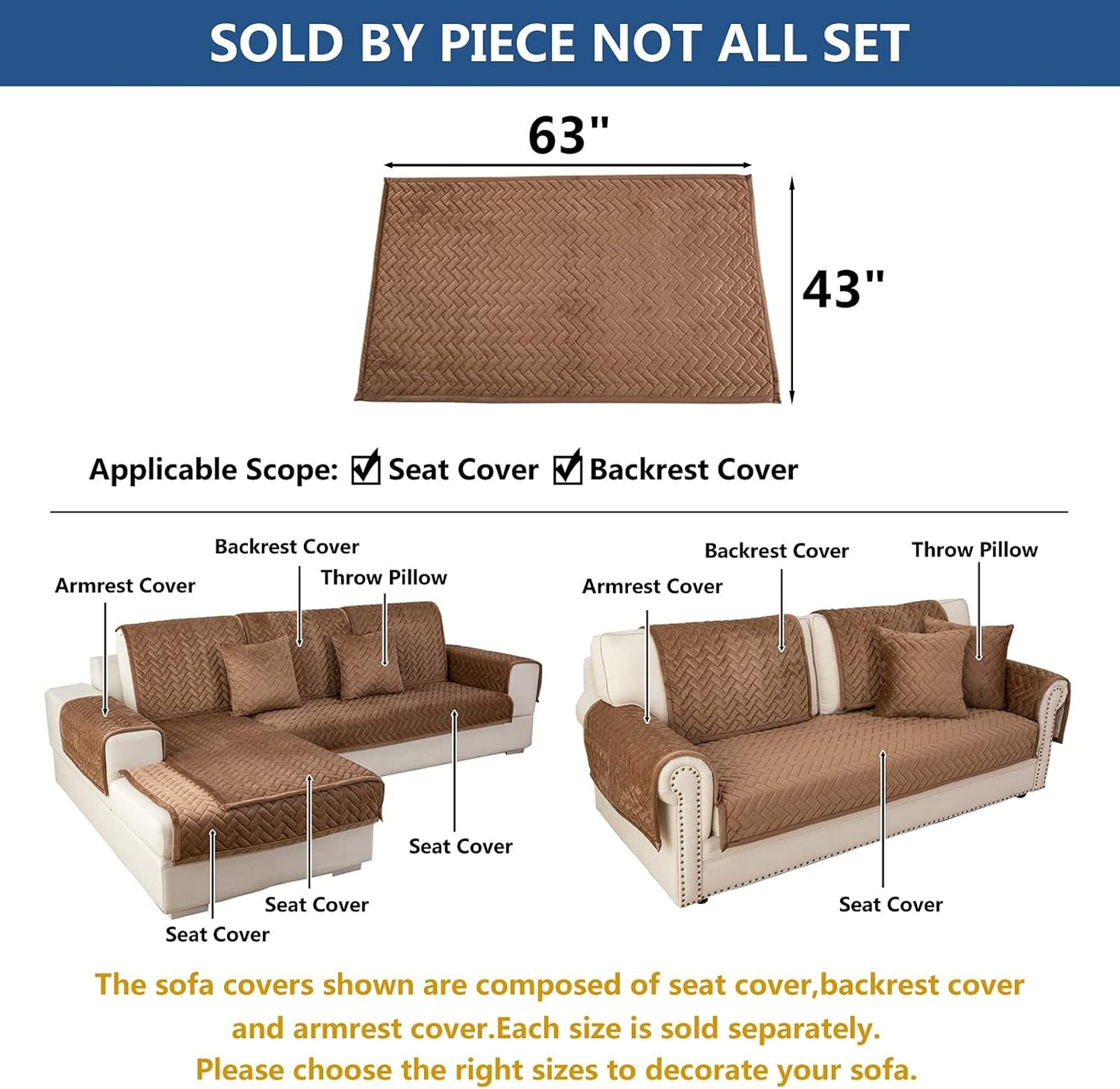 Eismodra Couch Cover,Sectional Couch Covers,Sofa Covers for 3 Cushion Couch,Anti-Slip Sofa Slipcovers for Dogs Cats Kids Loveseat Recliner L Shaped Armrest Backrest,Brown 43''x63''(Only 1 Piece)