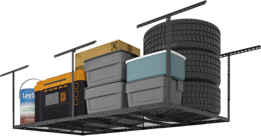 FLEXIMOUNTS Pro 4x8 Overhead Garage Storage Rack,Adjustable Storage Organization System,Heavy Duty Metal Ceiling Storage Racks,800lbs Weight Capacity,Black