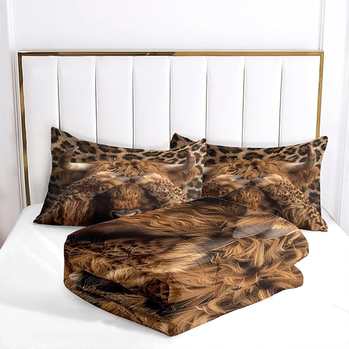 Western Highland Cow Bedding Twin Size Wild Animal Comforter Set Brown Leopard Print Comforter Sets with 1 Pillowcase