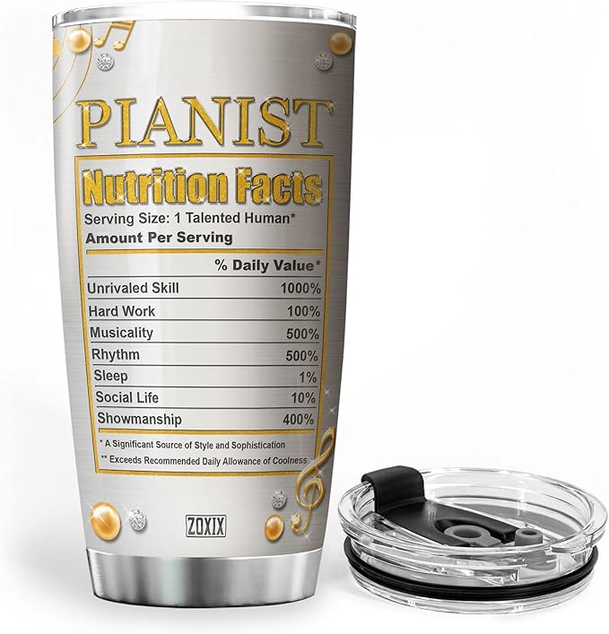 ZOXIX Funny Pianist Nutrition Facts Tumbler Jewelry Style Piano Lovers Gifts For Women Music Themed Coffee Mugs Stainless Steel Cups With 20oz Piano Teacher Mug Pianist Gift