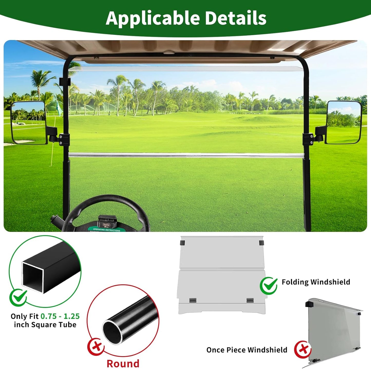 Golf Cart Side Mirrors No Drilling, Universal Folding Rear View Mirror for 0.75"-1.25" Square Rail, Fits EZGO Club Car Yamaha, 180 Degree Rotation Large HD Glass Rearview Shatterproof Surface