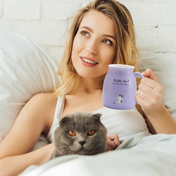 Bgbg Cute Cat Mug - Novelty Ceramic Coffee Cup With Kawaii Wooden Kitty Lid, Lovely Claw Spoon, Anime Coaster - Christmas Birthday Gifts for Women, Cat Lovers, Girls, Kids - 480ML