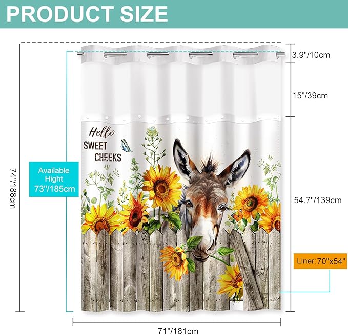 Vimorco No Hook Shower Curtain and Liner Set, 2 Interchangeable Patterns Shower Curtain with Snap (Sunflower Butterfly & Sunflower Donkey) Fabric Waterproof, 71x74 Inch, 2025 New