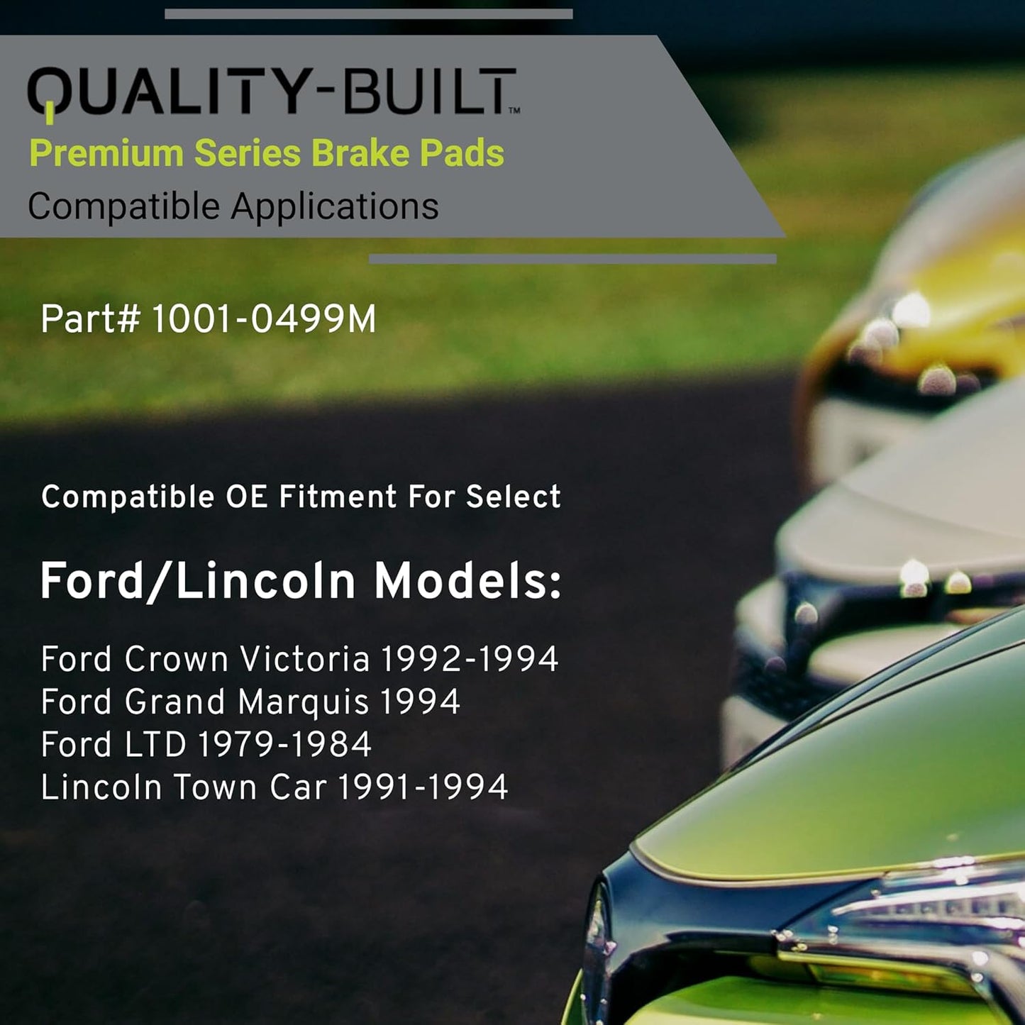 Premium Semi-Metallic Front Brake Pads (1001-0499M) Compatible with Ford Crown Victoria 1992-1994, Ford Grand Marquis 1994-1994, Ford LTD 1979-1984, Lincoln Town Car 1991-1994