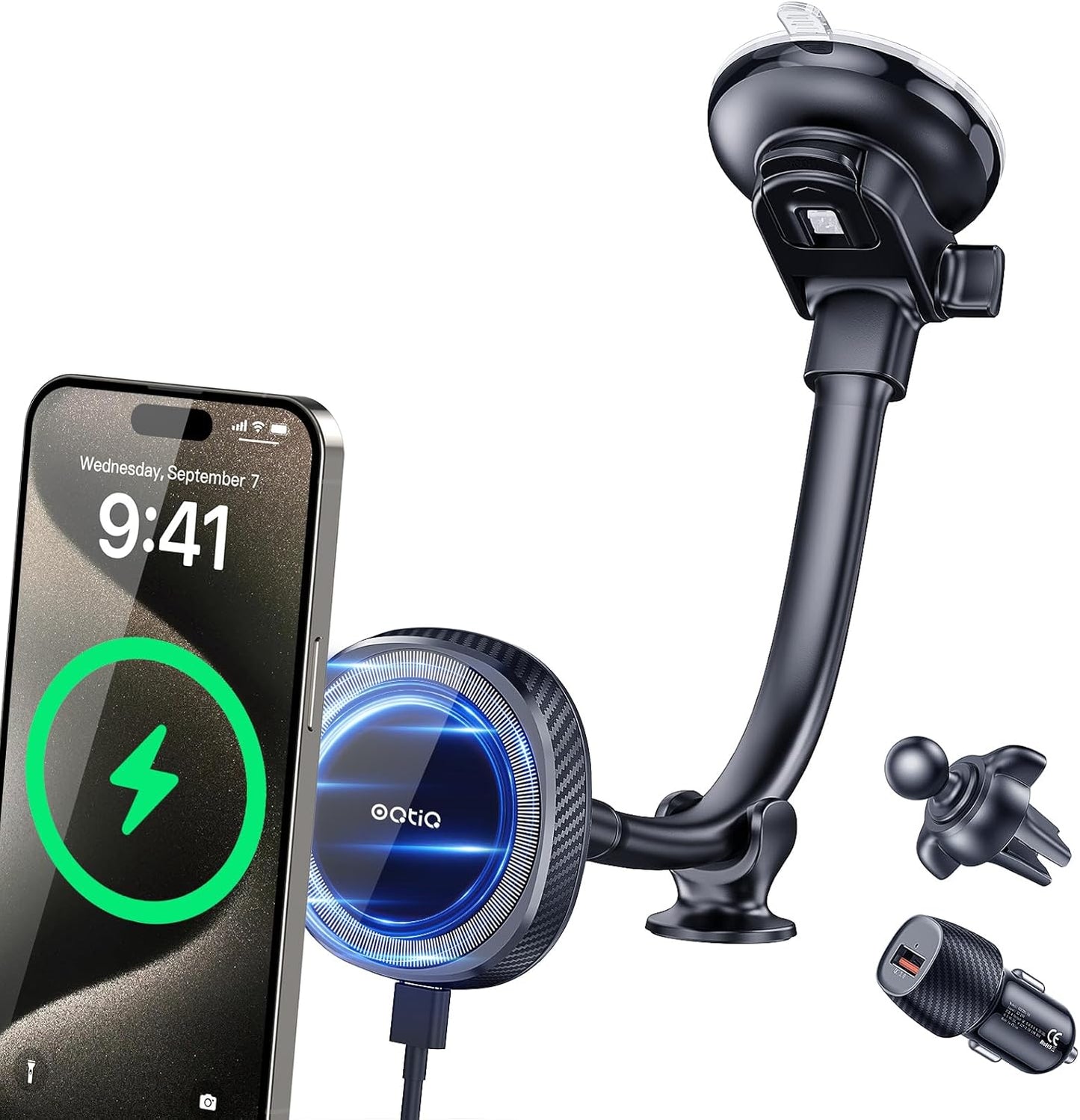 OQTIQ for MagSafe Car Charger, Magnetic Wireless Car Charger Compatible with iPhone 16 15 14 13 12 Series, 15W Fast Charging Car Phone Mount for Windshield Dashboard Air Vent [with PD 30W Adaptor]