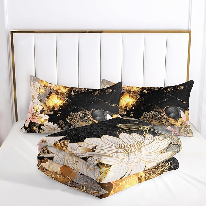 Butterfly Flowers Comforter Set Twin Lotus Floral Bedding Sets 3PCS for Kids Teen Adult Room Decor Ultra-Soft Lightweight Microfiber 1 Comforter with 2 Pillowcases