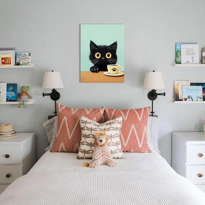 Ypxzzj Cute Black Cat Drinks Coffee Canvas Art Print, 12''x16'', Living Room, Bedroom Wall Decor