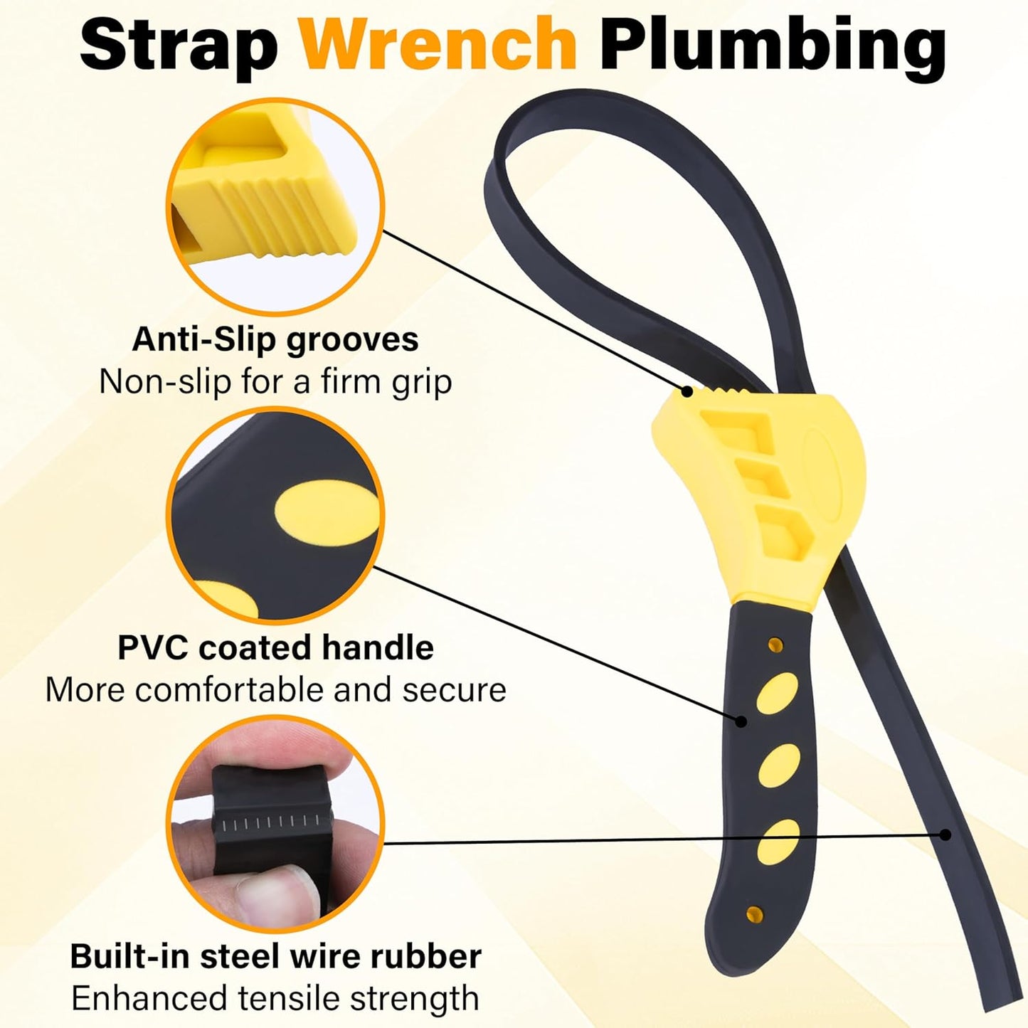 2 PCS Strap Wrench Plumbing, Rubber Strap Wrench, 24 Inch & 19.7 Inch Oil Filters Strap Wrenches, Water Filter Wrenches, Adjustable Rubber Jar Opener for Water Filters, Plumbing,Sink, Faucet (Yellow)