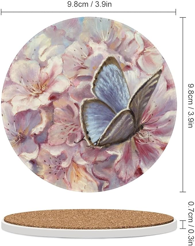 Butterfly Coasters for Drinks Pink Flower Background Set of 4, 4 Inch Absorbent Ceramics Flower Coasters for Coffee Table with Cork Base, Tabletop Protection、