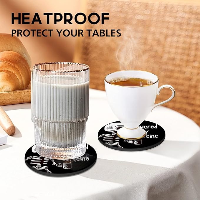 Swooflia Coasters for Drinks Coffee Table, Skull Coffee Powered Funny Black Silicone Absorbent Cup Coaster Set Housewarming Kitchen Home Wooden Desk Office Bar Tabletop Decor 6 Pack