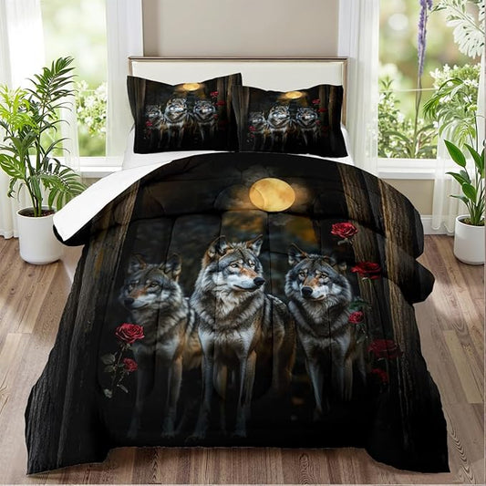 Wolves Comforter Set Full Forest Wolf Safari Animal Bedding Set with 2 Pillowcases