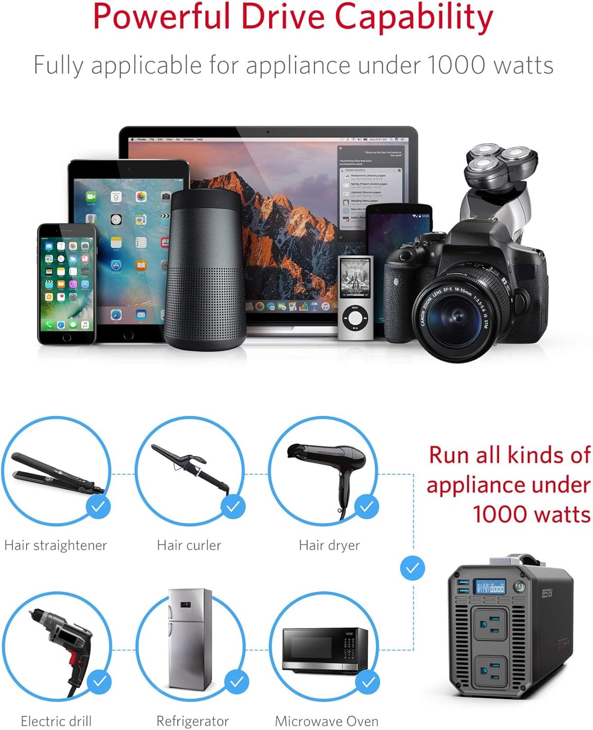 BESTEK Pure Sine Wave Power Inverter - 1000W Car Inverter DC 12V to 110V AC - Car Charger Adapter Outlet with 4.8A Dual USB Charging Ports - Digital LCD Display - Aluminum Housing - Rubber Handle