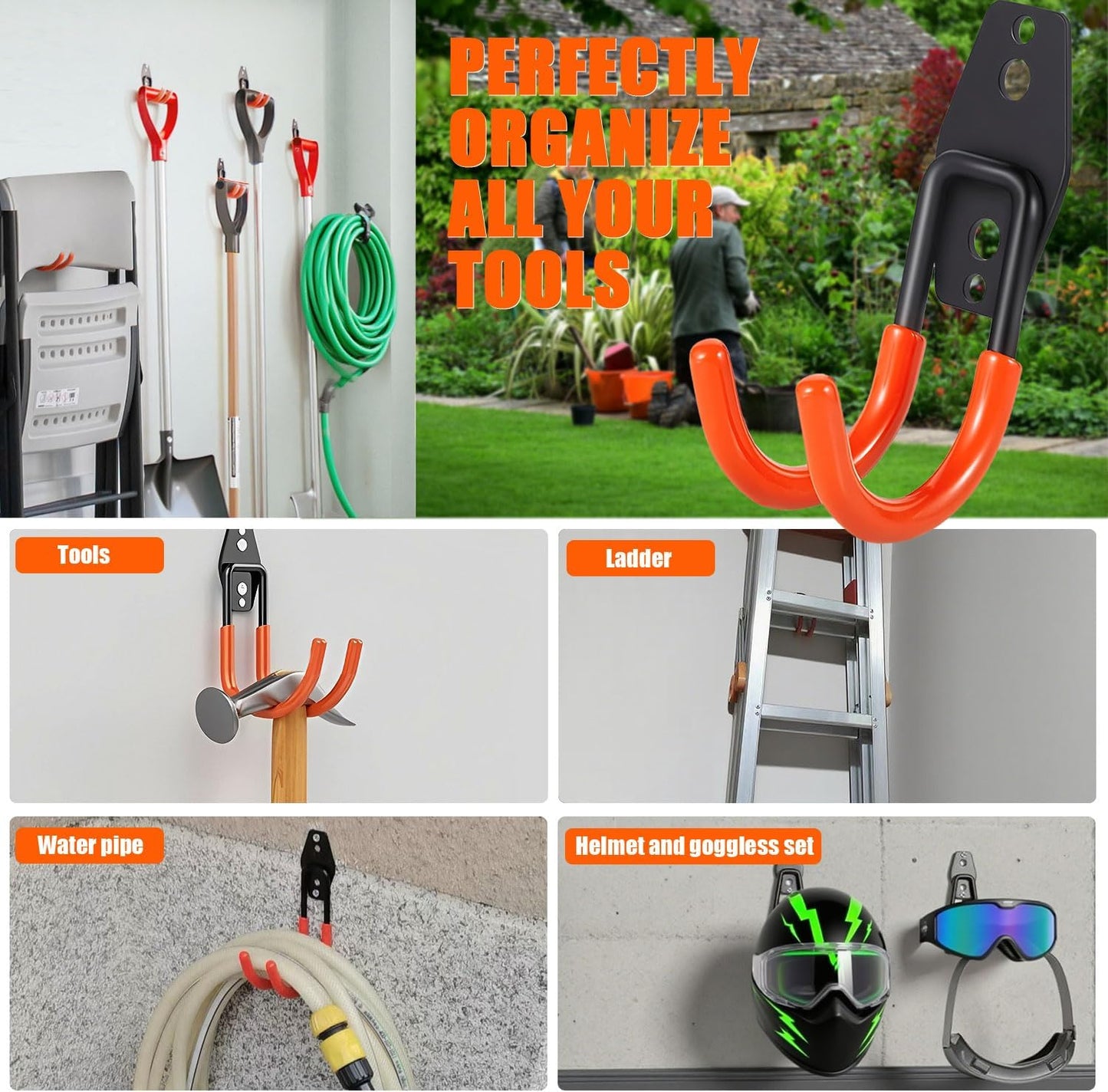 Heavy-Duty Garage Hooks -2 Pack Type U- Anti-Slip Coated Wall-Mounted Hooks Wall Mount Storage Organizer for Hanging Power and Garden Tools, Ladders, Hose, Bikes, Ropes, Bulk Items, and More ﻿