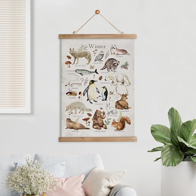 XIAOAIKA Winter Wildlife Educational Poster - Illustrated Arctic Animals Chart with Wooden Frame - Seasonal Nature Wall Art for Classroom, Home, or Nature Center 12 x 16 Inches