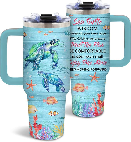 Turtles Gifts for Women, Sea Turtle Tumbler, Birthday Gifts for Sea Turtle Lover, Cute Animal Lover Gift for Women, 40 Oz Tumbler with Handle Lid and Straw