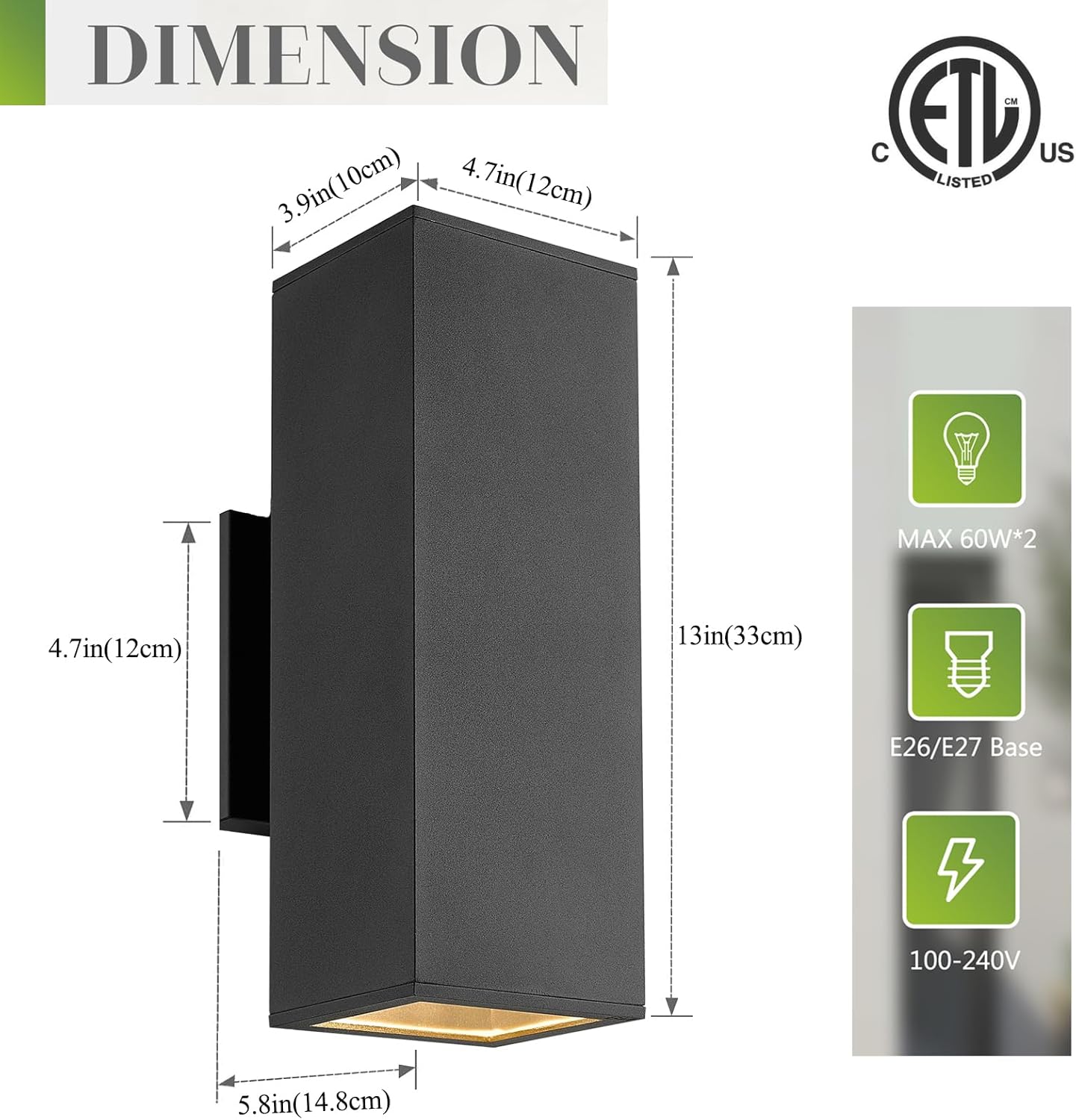 harriet Porch Lights Outdoor Modern - IP64 Waterproof Aluminum and Tempered Glass Cover, 13" Rectangular Up/Down Wall Sconce for Porch, Garage & Patio, Exterior Lighting, Black