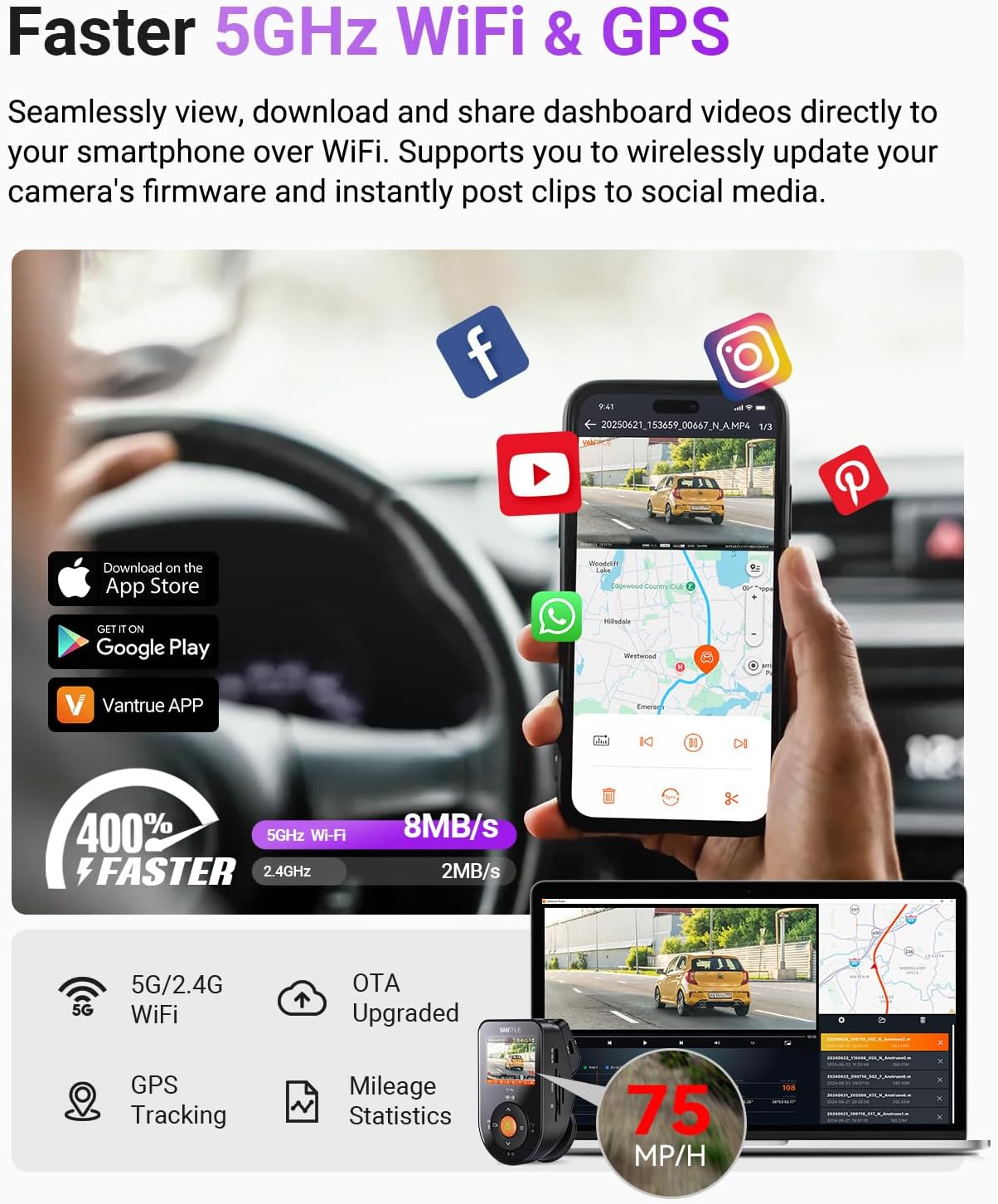 Vantrue S1 Pro 2.7K Front Mini Dash Cam, 2.5K@60FPS, STARVIS 2, ADAS, Voice Control, PlatePix™ Night Vision, WiFi, GPS, 158°Wide Angle, 24/7 Parking Mode, Support 1TB Card Max