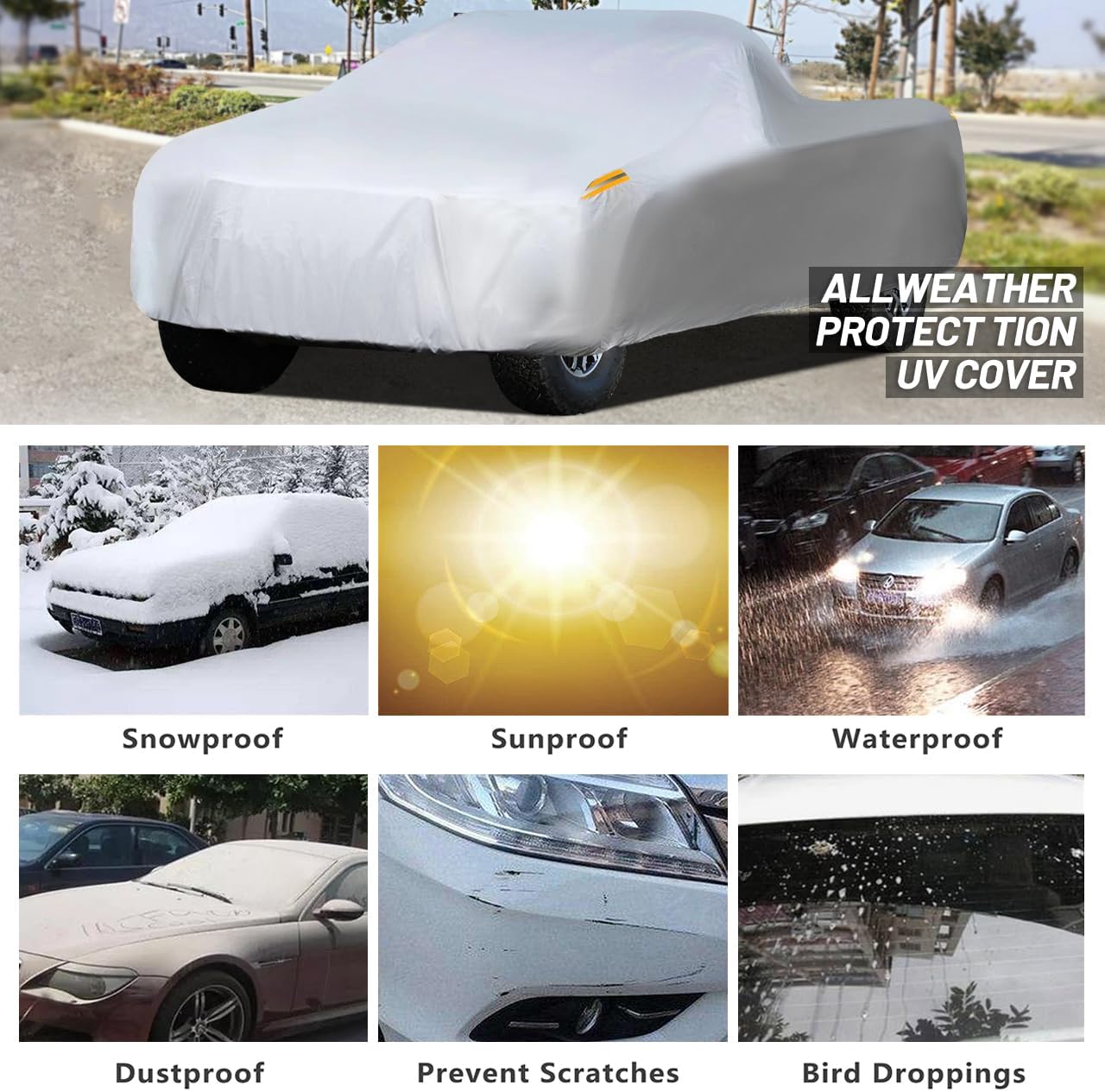 MORNYRAY Waterproof Car Cover All Weather Snowproof UV Protection Windproof Outdoor Full Truck Cover, Universal Fit for (Fit Truck Length Up to 210 inch,All Silvery)