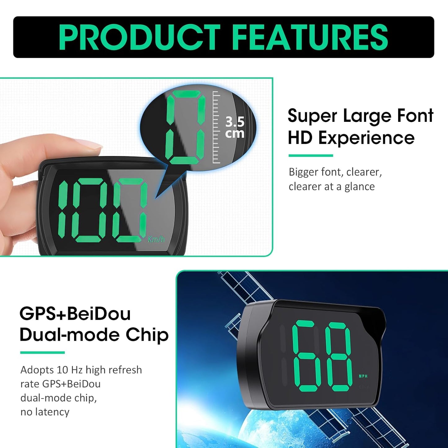 2 Pack GPS Digital Speedometer for Car MPH, Universal HUD Speed Meter with LED Large Font Head Up Display Car Accessories with USB Cable, Plug Play for Truck Motor SUV Golf Cart All Vehicles