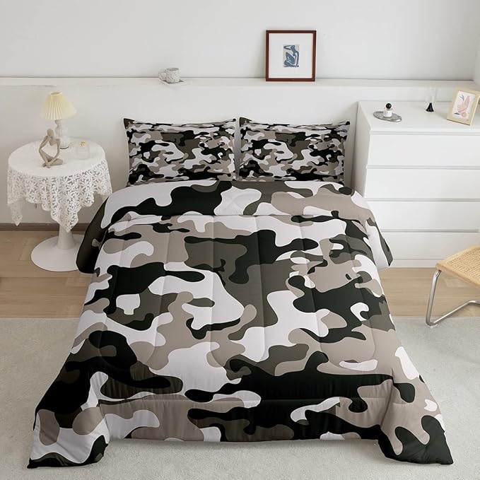 Camouflage Comforter Set Grey Camo Bedding Sets King Size Militarily Army Down Comforter for Boys Teens Men Adult Tie Dye Retro Geometric Warm Soft Quilted Duvet 3Pcs Bedroom Decor, All Season