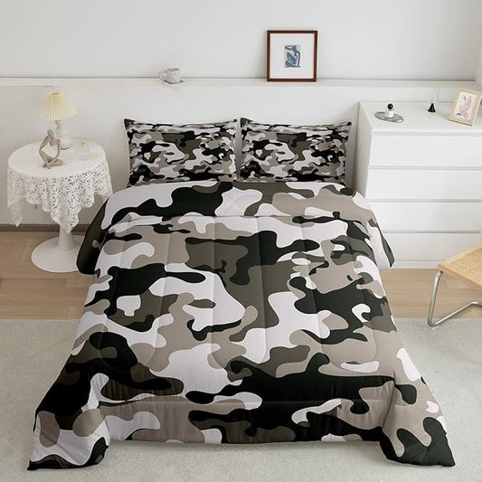 Camouflage Comforter Set Grey Camo Bedding Sets King Size Militarily Army Down Comforter for Boys Teens Men Adult Tie Dye Retro Geometric Warm Soft Quilted Duvet 3Pcs Bedroom Decor, All Season