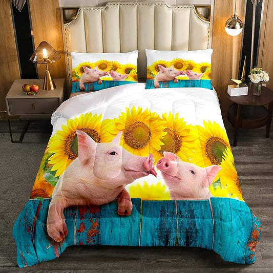 Sunflower Pig Duvet Set - Queen Size, Funny Cute Animal Bedding, Rustic Country Floral Pattern, Turquoise Wooden Comforter