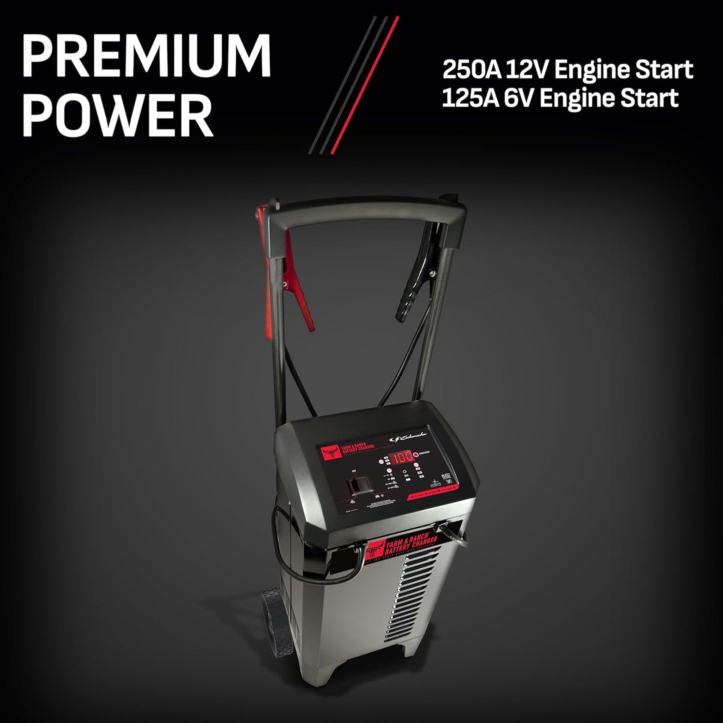 Schumacher Electric Farm and Ranch Wheeled 6A Charger and 250A Engine Starter, 4-in-1 Solution for 6V/12V Batteries, Maintainer, 50A Boost, FR01336, For Power Sport, Automotive, and Marine Batteries