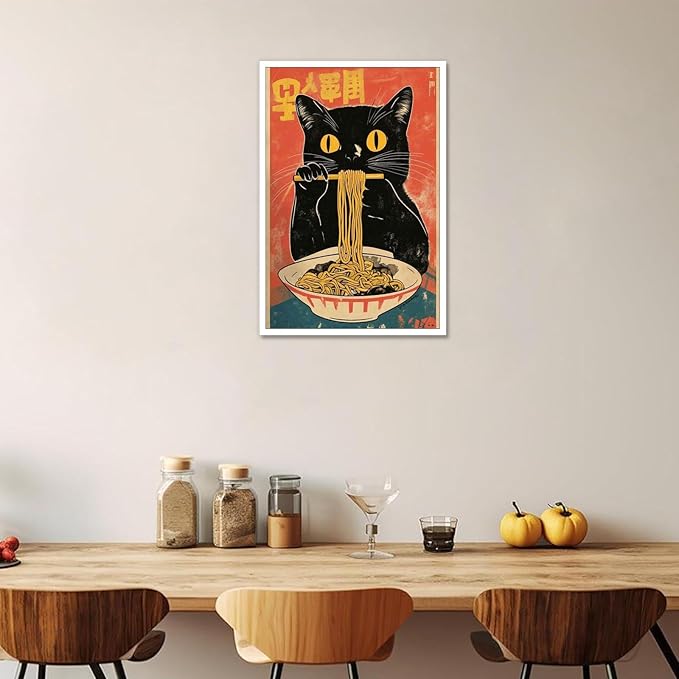 Vintage Cute Black Cat Eats Lamian Noodles Poster Prints Lamian Noodles Canvas Wall Art Cute Black Cat For Home Bedroom Kitchen Dorm Wall Decor 16x24in Unframed