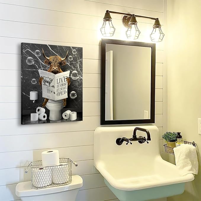 Bathroom Decor Canvas Wall Art Highland Cow Pictures Bathroom Wall Decor Cow Sitting in Toilet Painting Black and White Wall Art for Bathroom Toilet Artwork Framed 16"x20"